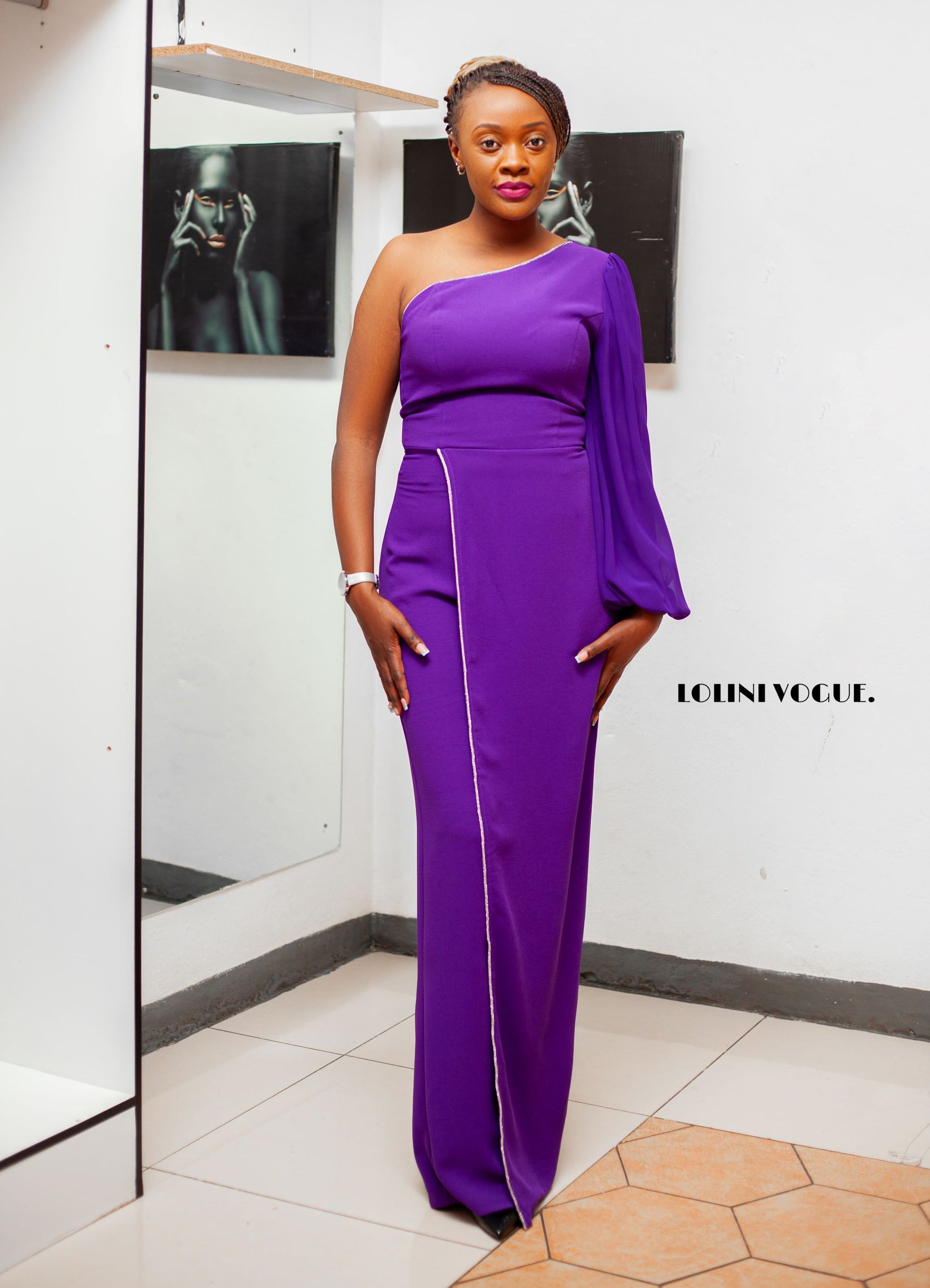 purple jumpsuit with one hand sleeve and half skirt lapel and palazzo pant bottom