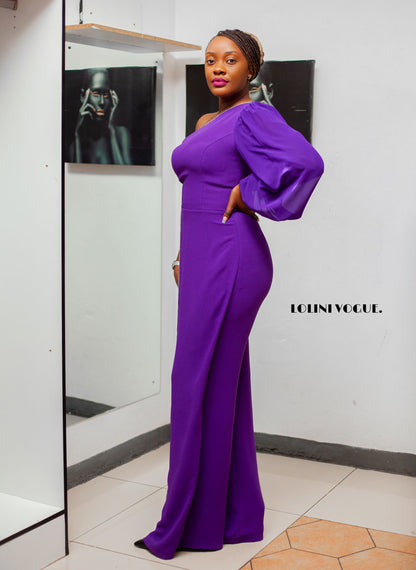 purple jumpsuit with one hand sleeve and half skirt lapel and palazzo pant bottom