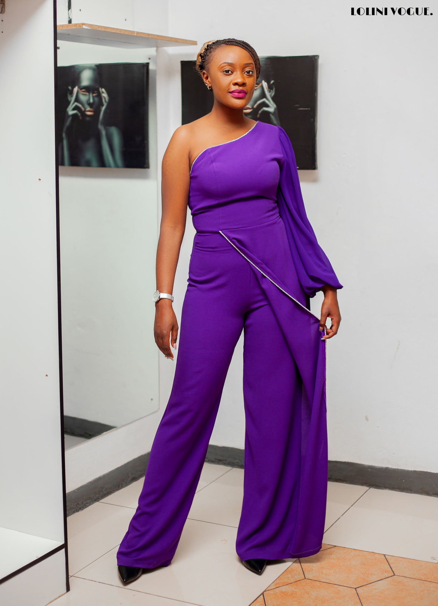 purple jumpsuit with one hand sleeve and half skirt lapel and palazzo pant bottom