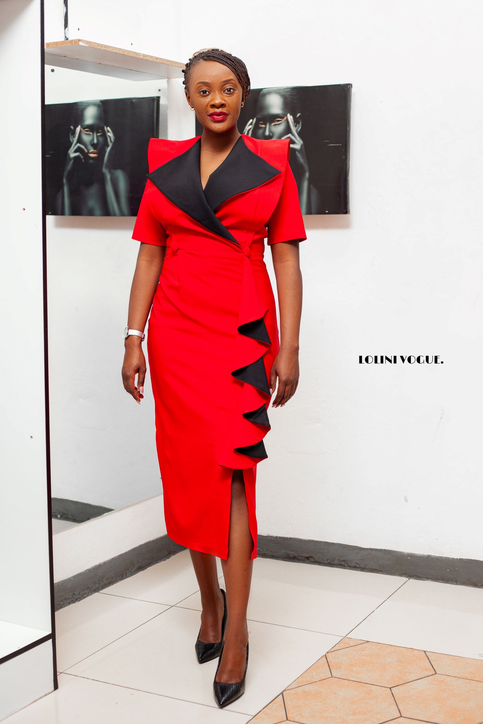 red and black elegant tuxedo pencil dress