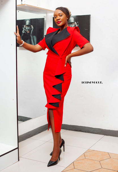 red and black elegant tuxedo pencil dress