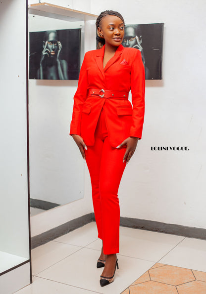 red ankle length pant suit with tailor fitted jacket that comes with a belt