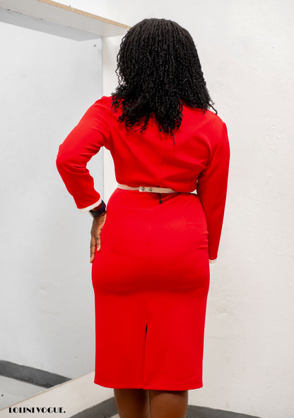 red  white pencil dress come with a belt-lolini vogue