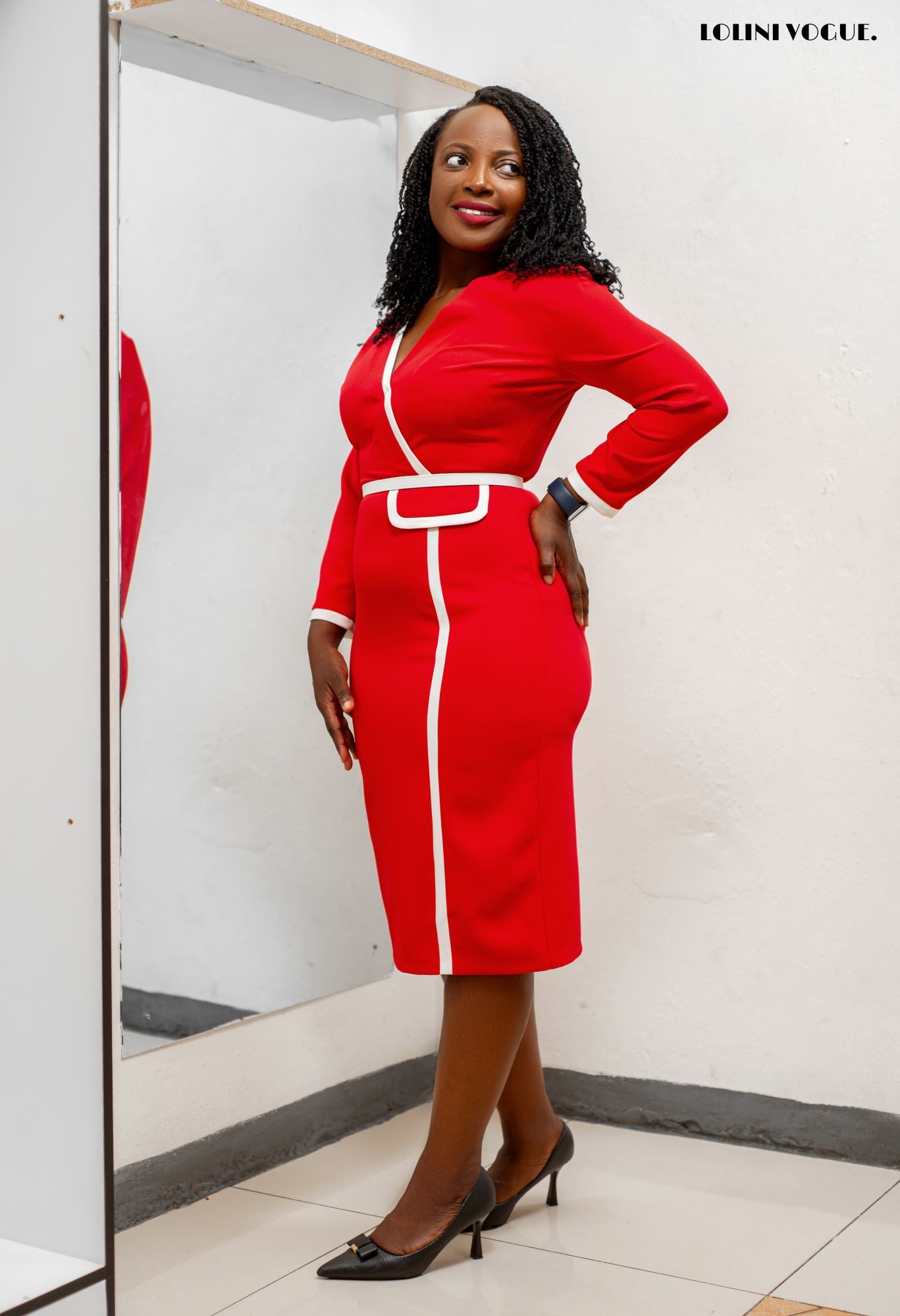 red  white pencil dress come with a belt-lolini vogue