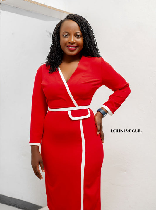 red  white pencil dress come with a belt-lolini vogue