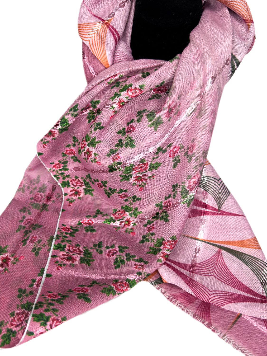 pink printed scarf with floral detail-lolini vogue