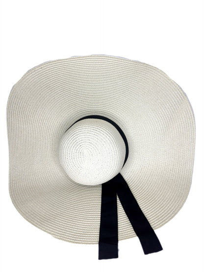 White wide brim sun hat with a black band-Lolini vogue